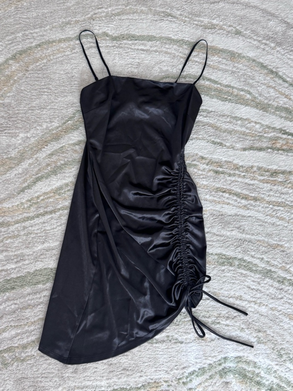 Black Ruched Satin Slip Dress with Spaghetti Straps asymmetrical